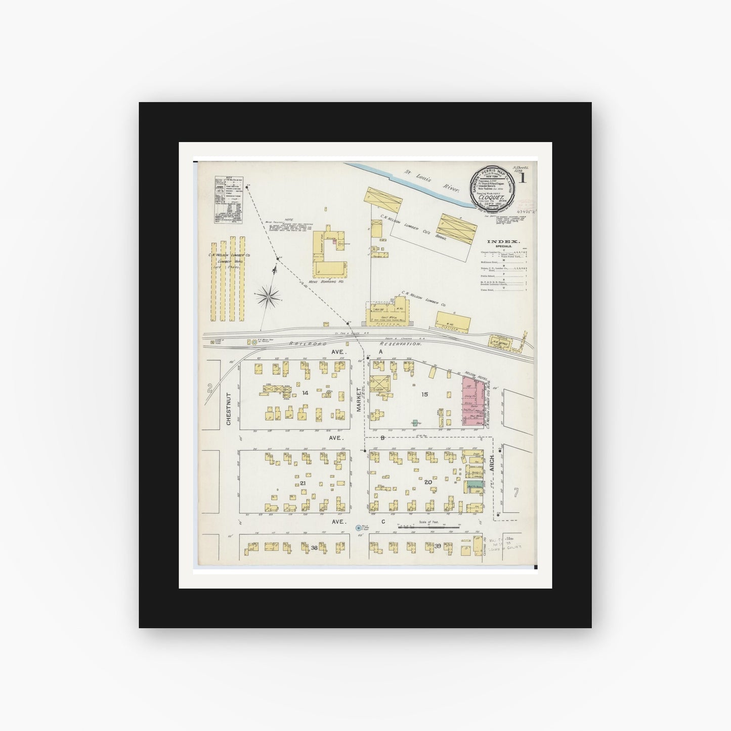 Old map wall art mockup — black gallery frame with white mat — Sanborn Fire Insurance Map from Cloquet, Carlton County, Minnesota (1892), Sheet #0001
