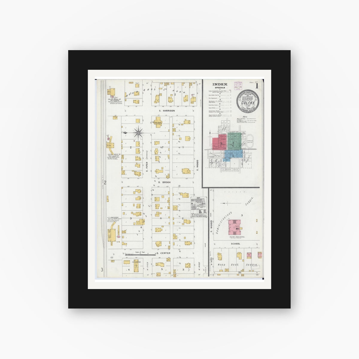 Old map wall art mockup — black gallery frame with white mat — Sanborn Fire Insurance Map from Colfax, McLean County, Illinois (1906), Sheet #0001