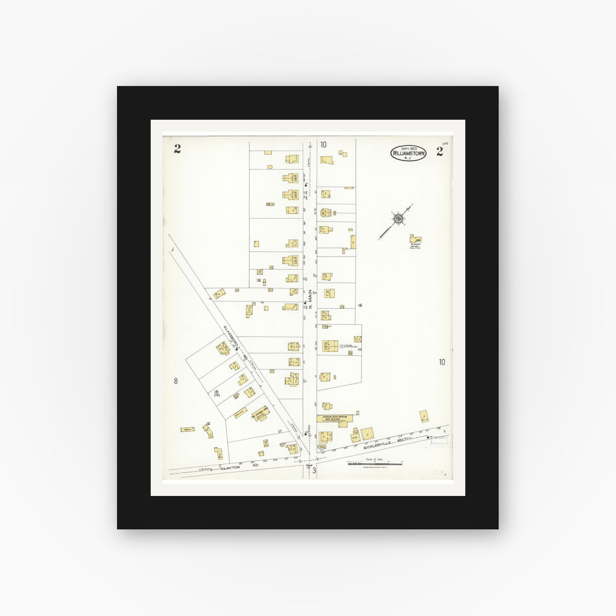 Old map wall art mockup — black gallery frame with white mat — Sanborn Fire Insurance Map from Williamstown, Gloucester County, New Jersey (1923), Sheet #0002