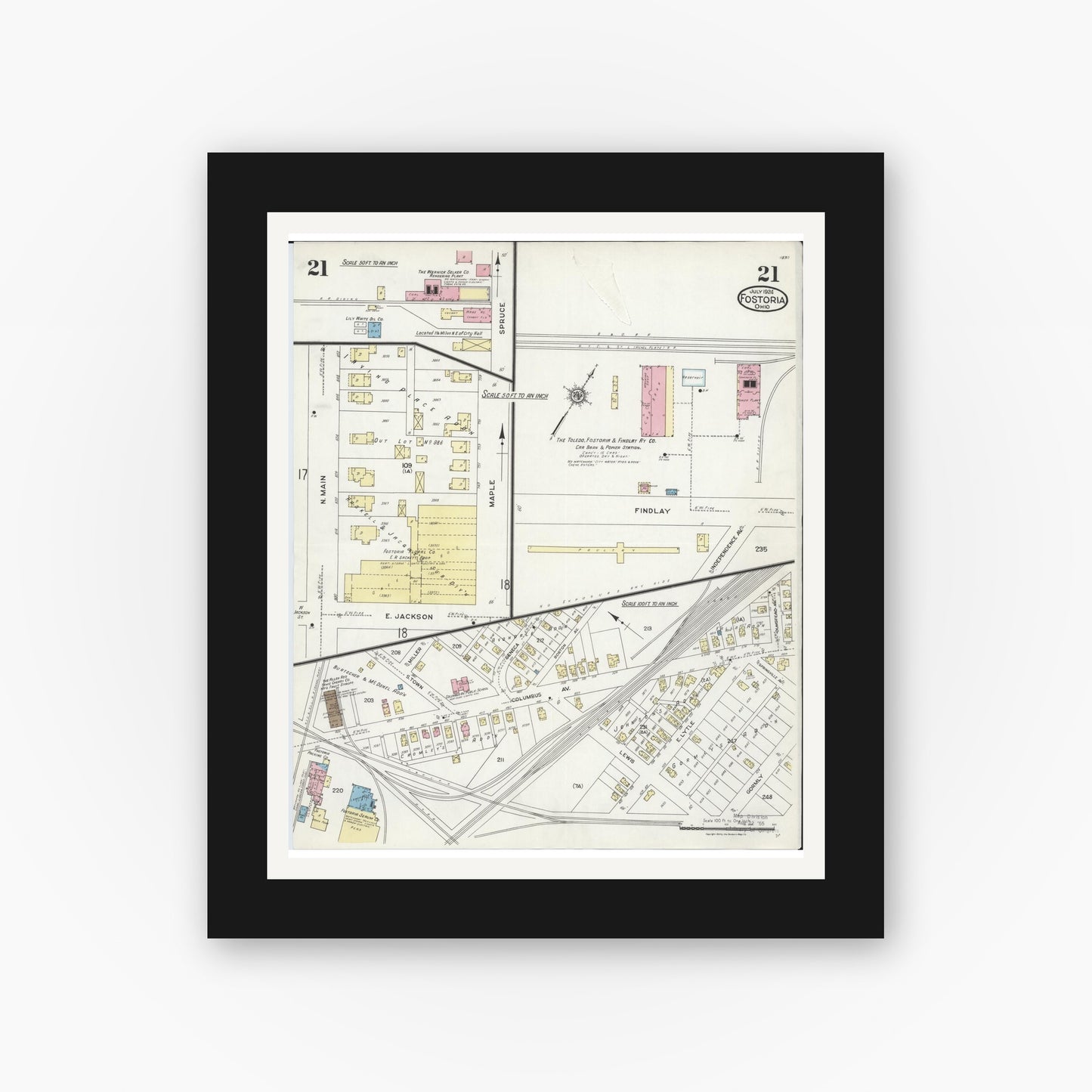 Old map wall art mockup — black gallery frame with white mat — Sanborn Fire Insurance Map from Fostoria, Seneca, Hancock, And Wood Counties, Ohio (1924), Sheet #0021