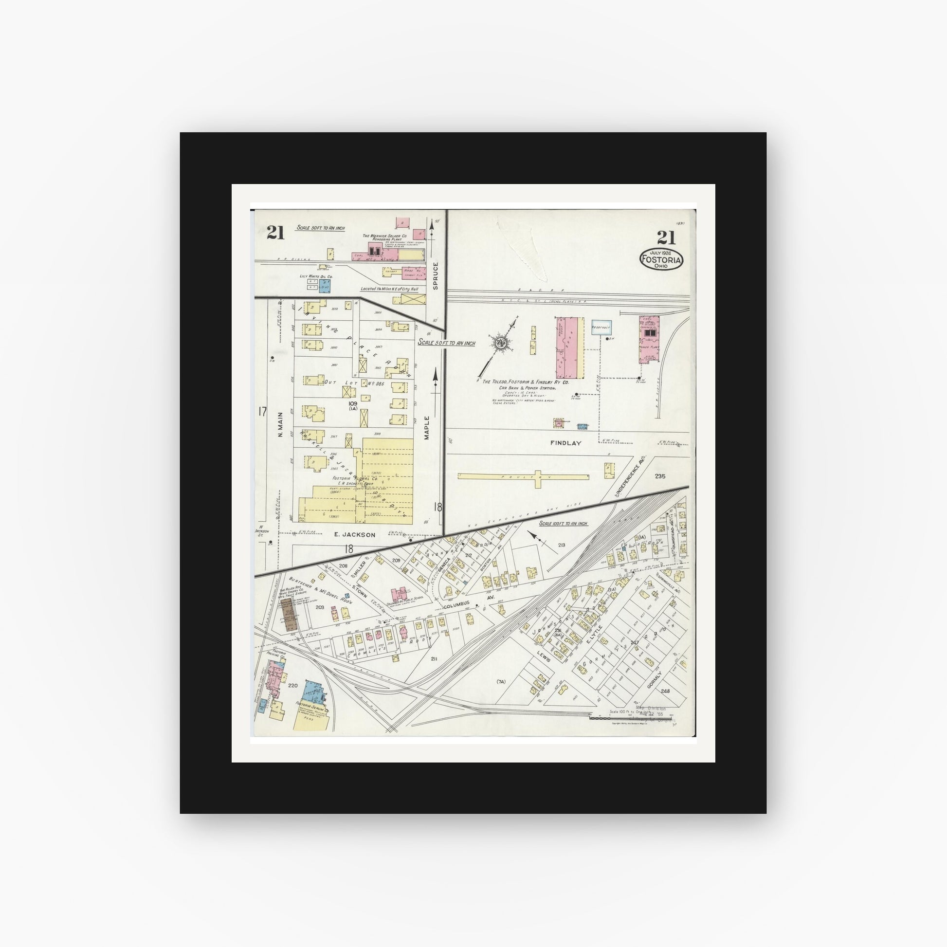 Old map wall art mockup — black gallery frame with white mat — Sanborn Fire Insurance Map from Fostoria, Seneca, Hancock, And Wood Counties, Ohio (1924), Sheet #0021