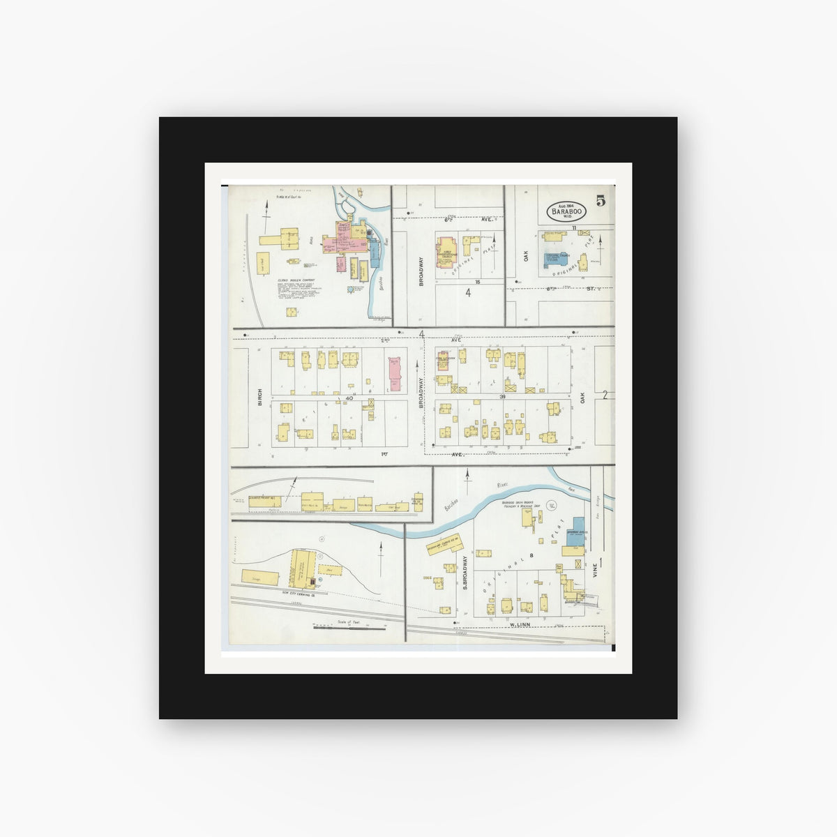 Old map wall art mockup — black gallery frame with white mat — Sanborn Fire Insurance Map from Baraboo, Sauk County, Wisconsin (1904), Sheet #0005