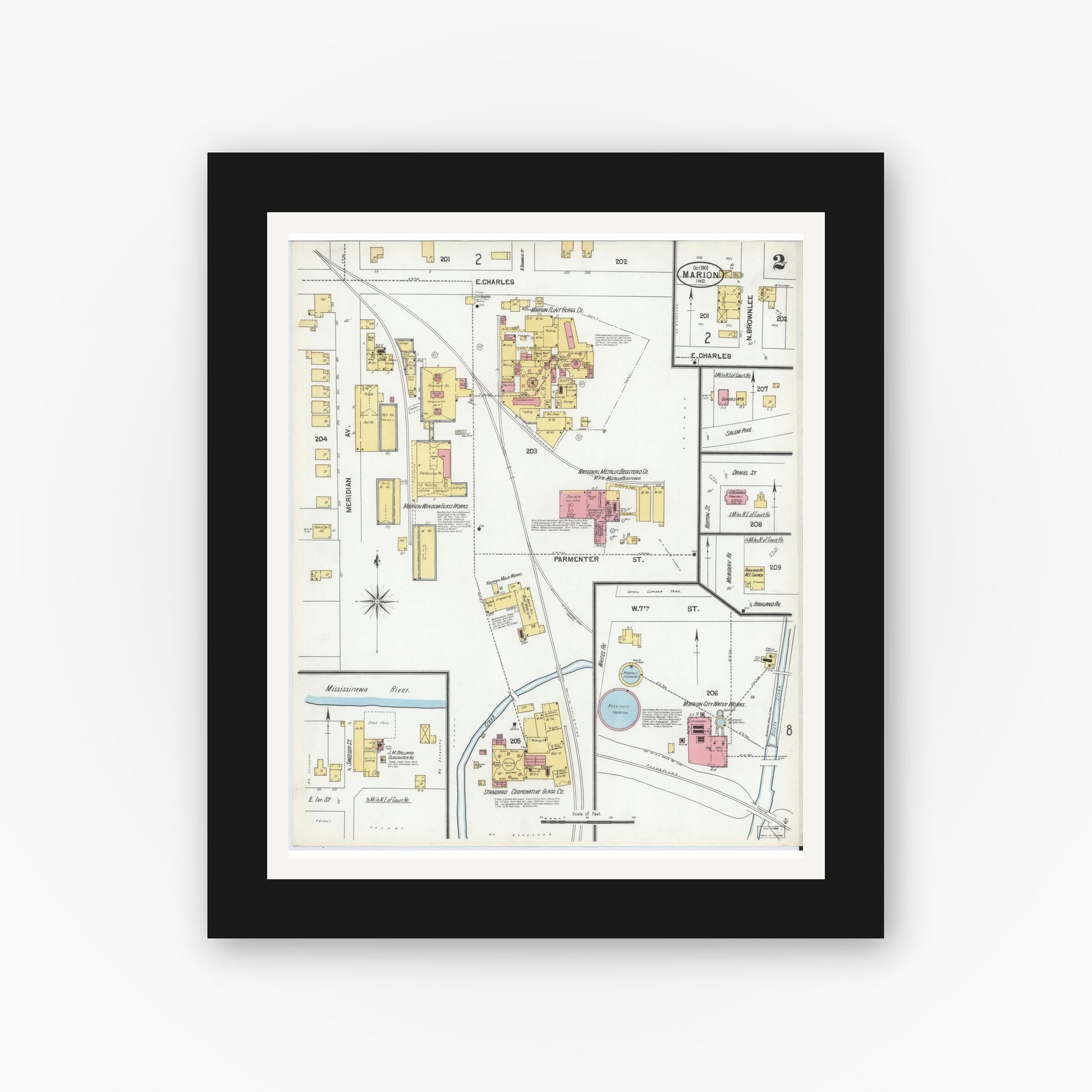 Old map wall art mockup — black gallery frame with white mat — Sanborn Fire Insurance Map from Marion, Grant County, Indiana (1901), Sheet #0002