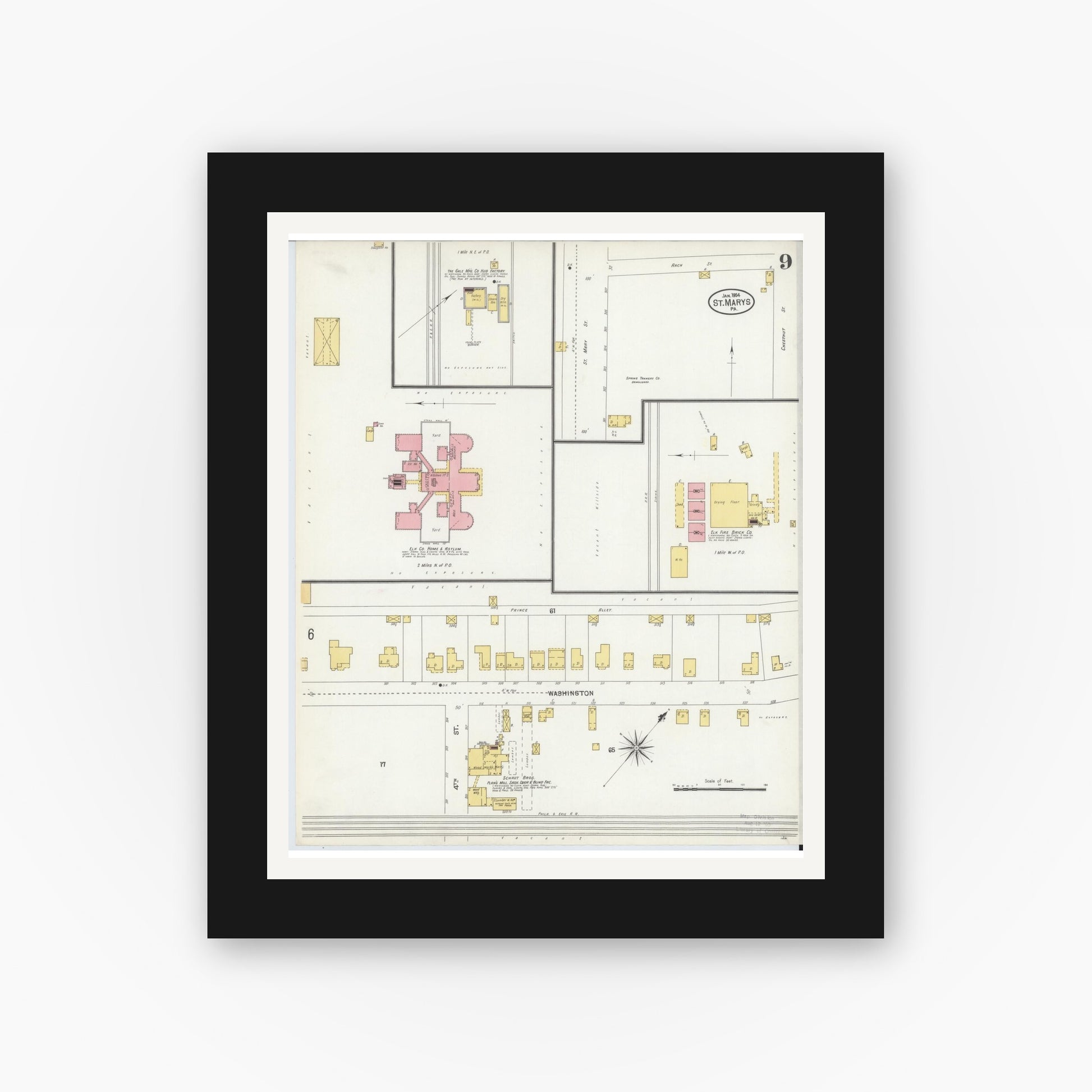 Old map wall art mockup — black gallery frame with white mat — Sanborn Fire Insurance Map from Saint Marys, Elk County, Pennsylvania (1904), Sheet #0009
