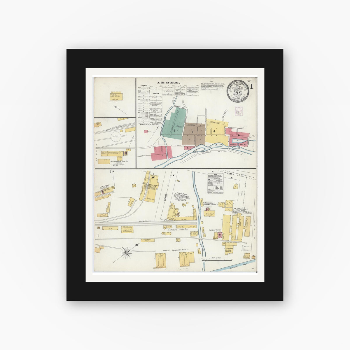 Old map wall art mockup — black gallery frame with white mat — Sanborn Fire Insurance Map from Delhi, Delaware County, New York (1903) - Complete Map Set