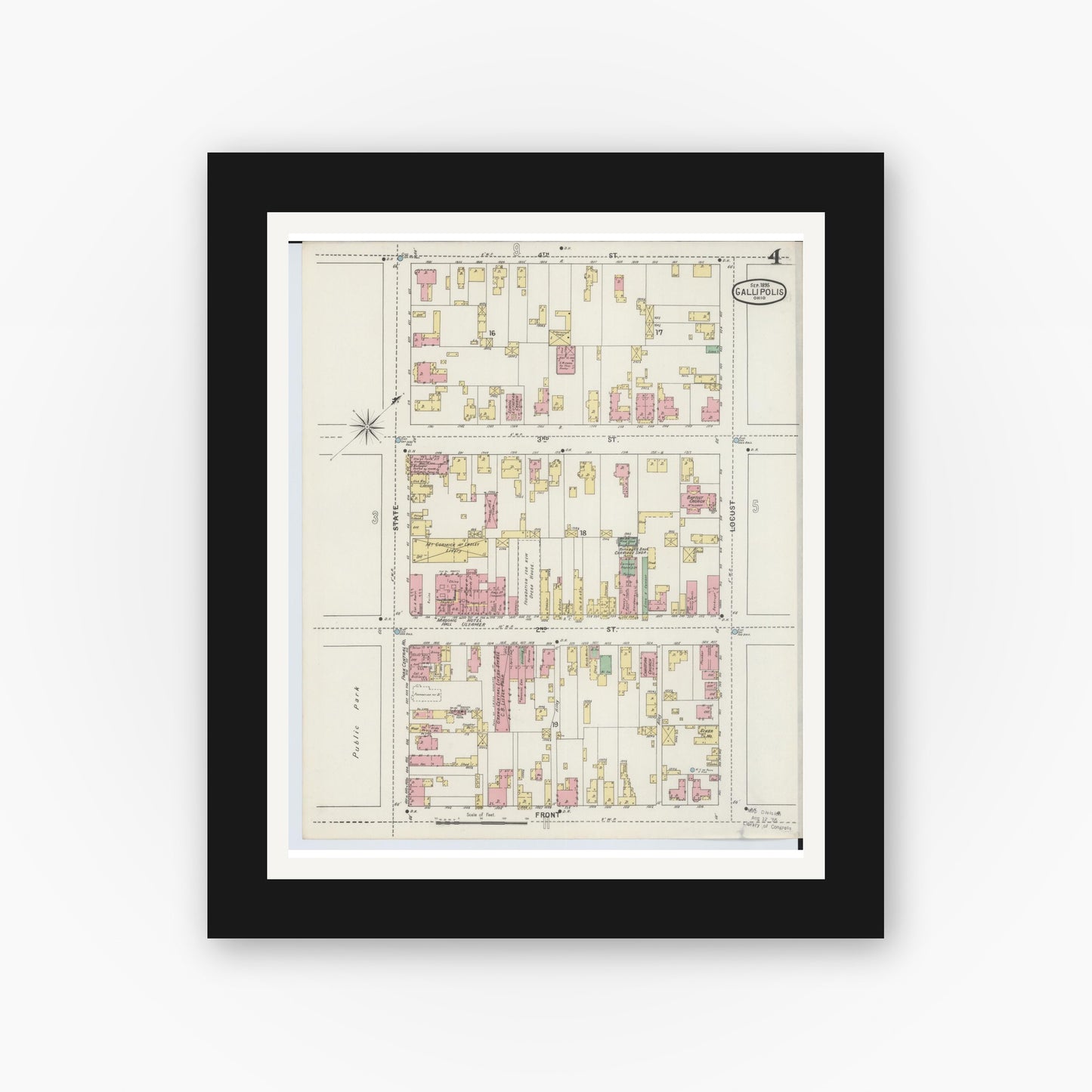 Old map wall art mockup — black gallery frame with white mat — Sanborn Fire Insurance Map from Gallipolis, Gallia County, Ohio (1895), Sheet #0004