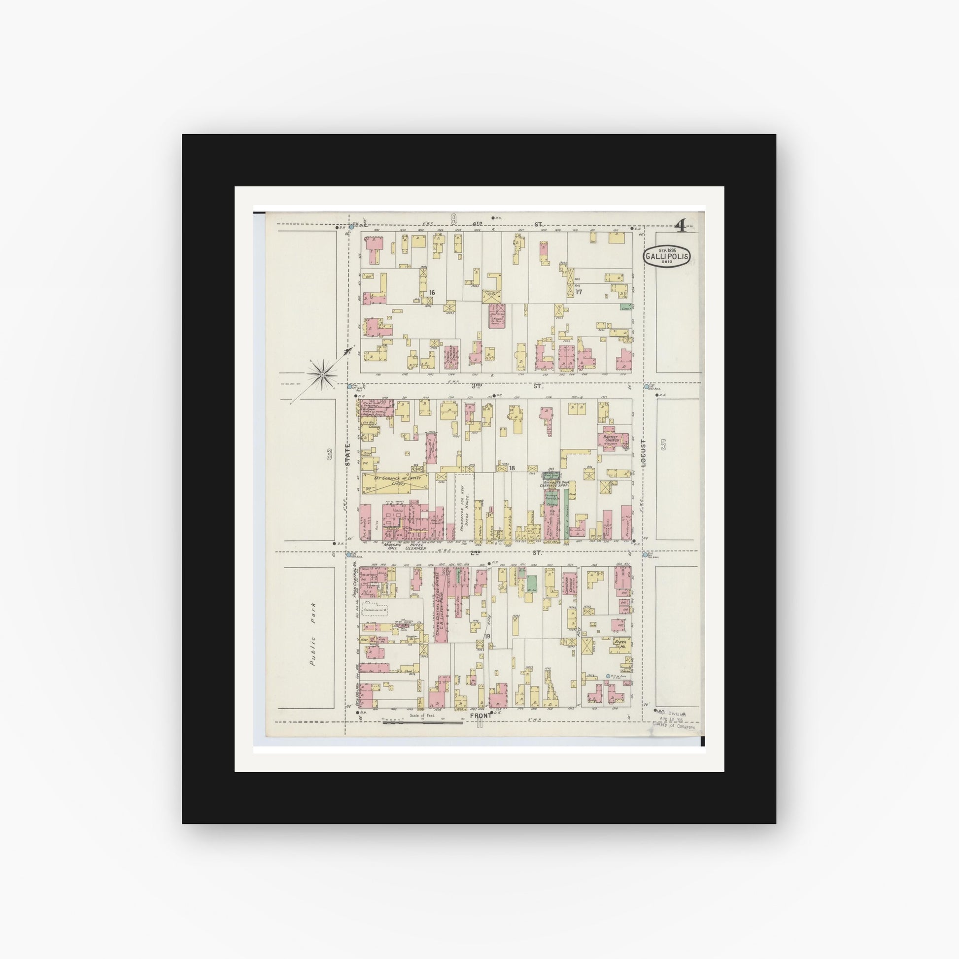 Old map wall art mockup — black gallery frame with white mat — Sanborn Fire Insurance Map from Gallipolis, Gallia County, Ohio (1895), Sheet #0004