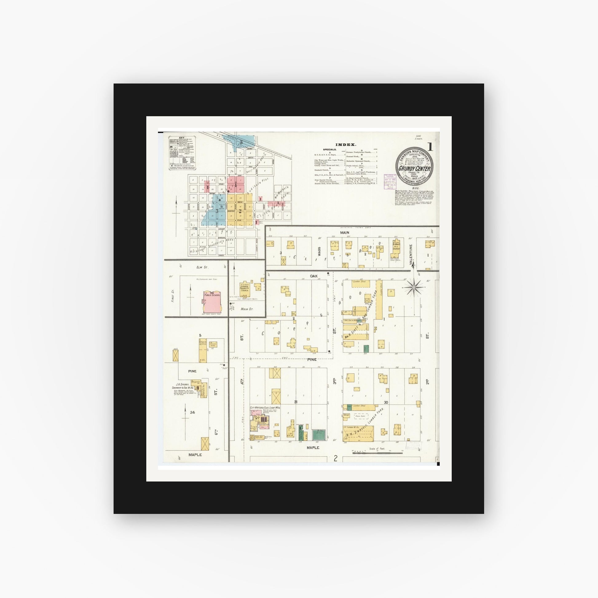 Old map wall art mockup — black gallery frame with white mat — Sanborn Fire Insurance Map from Grundy Center, Grundy County, Iowa (1902) â€” Complete Set