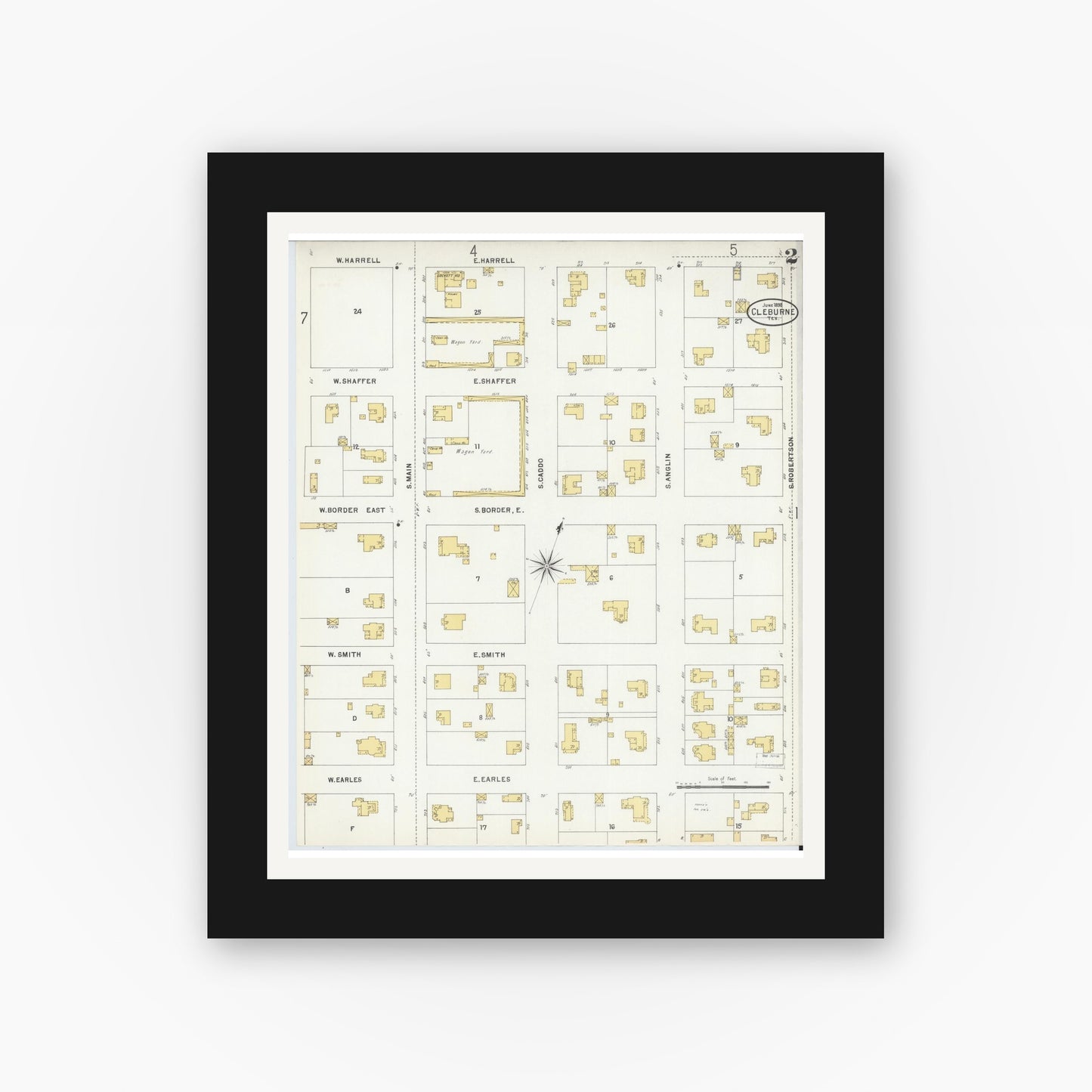 Old map wall art mockup — black gallery frame with white mat — Sanborn Fire Insurance Map from Cleburne, Johnson County, Texas (1898), Sheet #0002