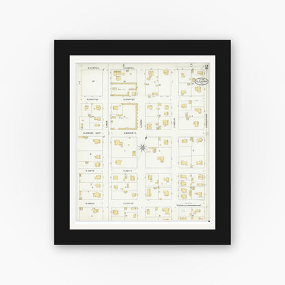 Old map wall art mockup — black gallery frame with white mat — Sanborn Fire Insurance Map from Cleburne, Johnson County, Texas (1898), Sheet #0002