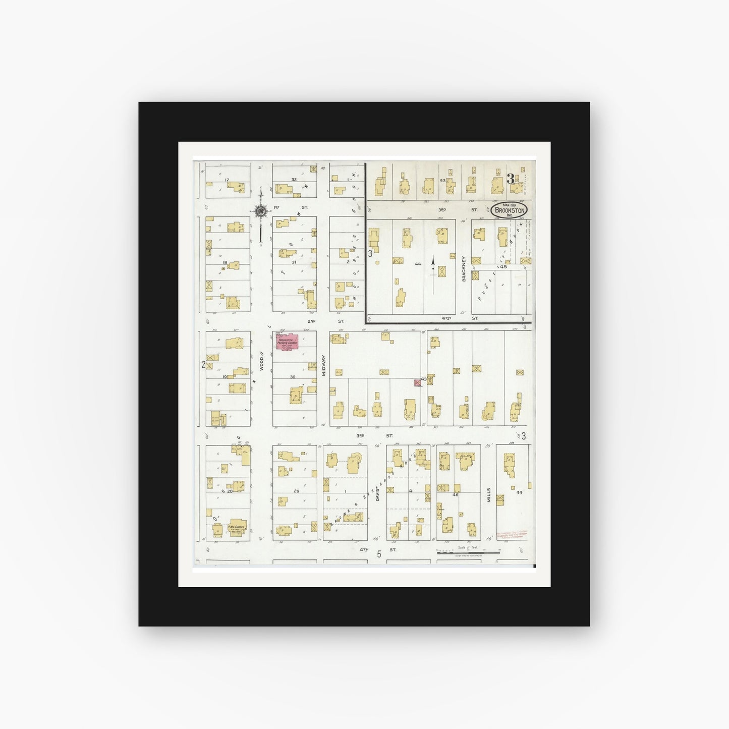 Old map wall art mockup — black gallery frame with white mat — Sanborn Fire Insurance Map from Brookston, White County, Indiana (1919), Sheet #0003