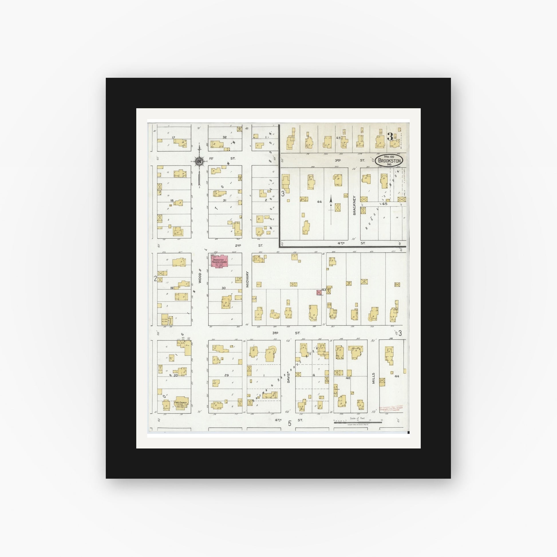 Old map wall art mockup — black gallery frame with white mat — Sanborn Fire Insurance Map from Brookston, White County, Indiana (1919), Sheet #0003