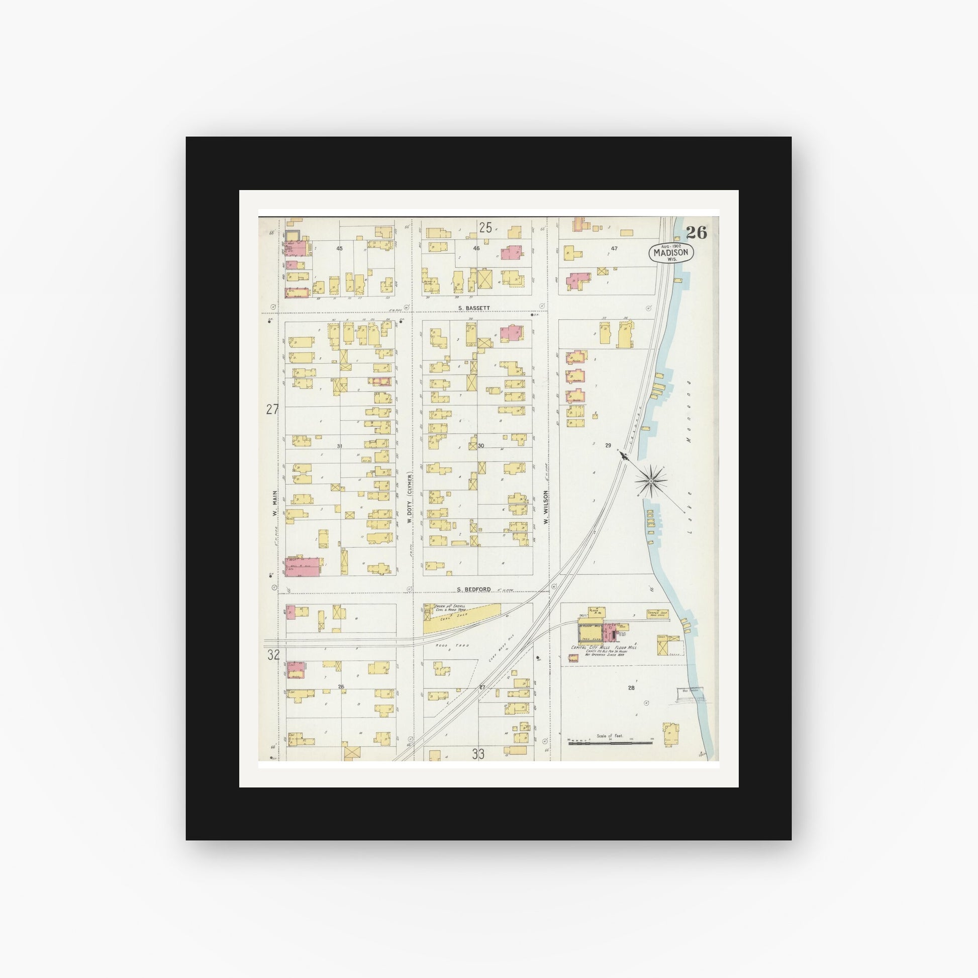 Old map wall art mockup — black gallery frame with white mat — Sanborn Fire Insurance Map from Madison, Dane County, Wisconsin (1902), Sheet #0026