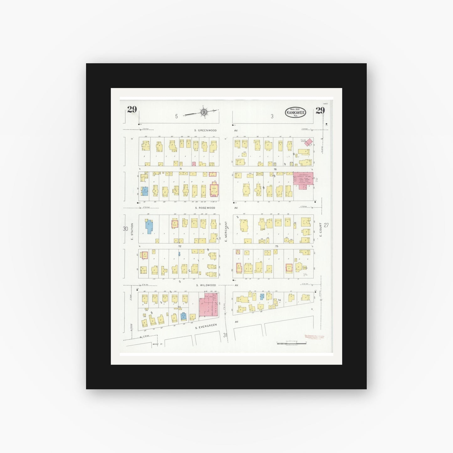 Old map wall art mockup — black gallery frame with white mat — Sanborn Fire Insurance Map from Kankakee, Kankakee County, Illinois (1930), Sheet #0029