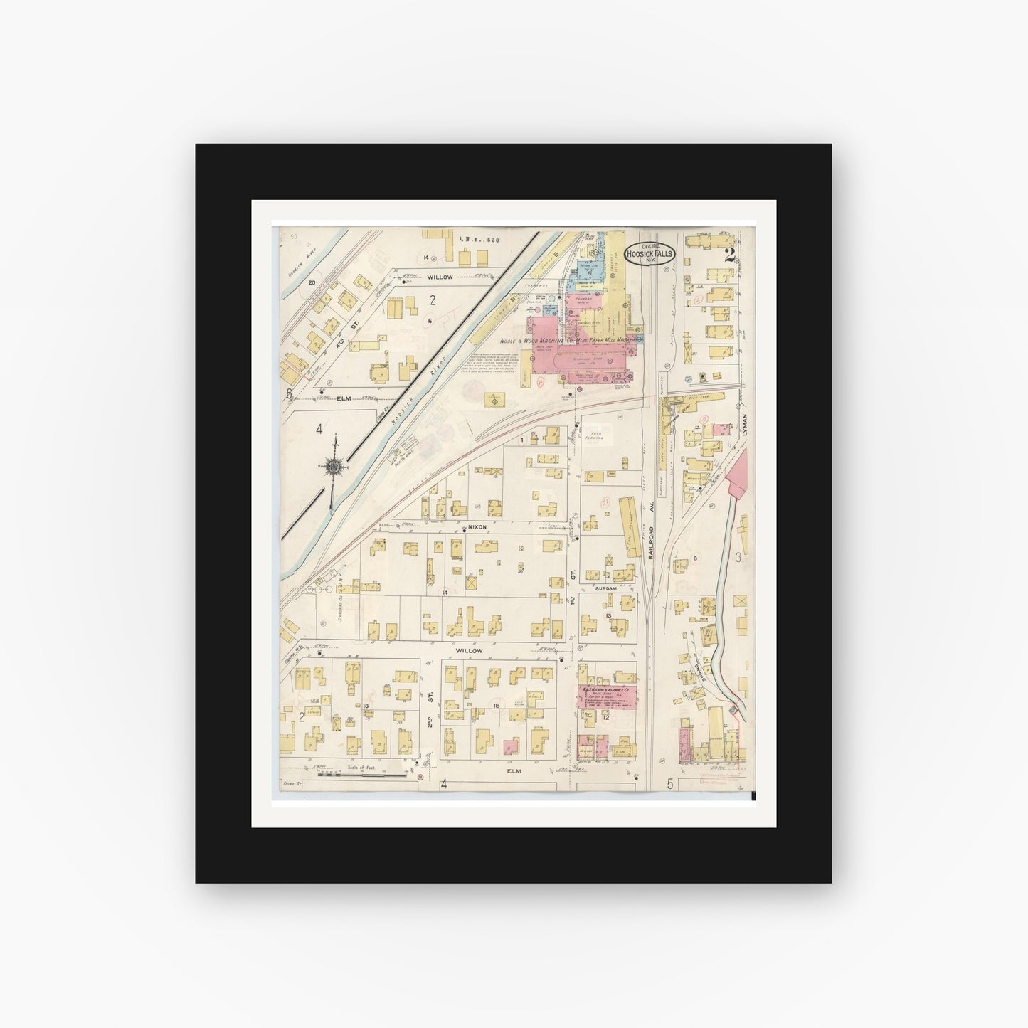 Old map wall art mockup — black gallery frame with white mat — Sanborn Fire Insurance Map from Hoosick Falls, Rensselaer County, New York (1945), Sheet #0002
