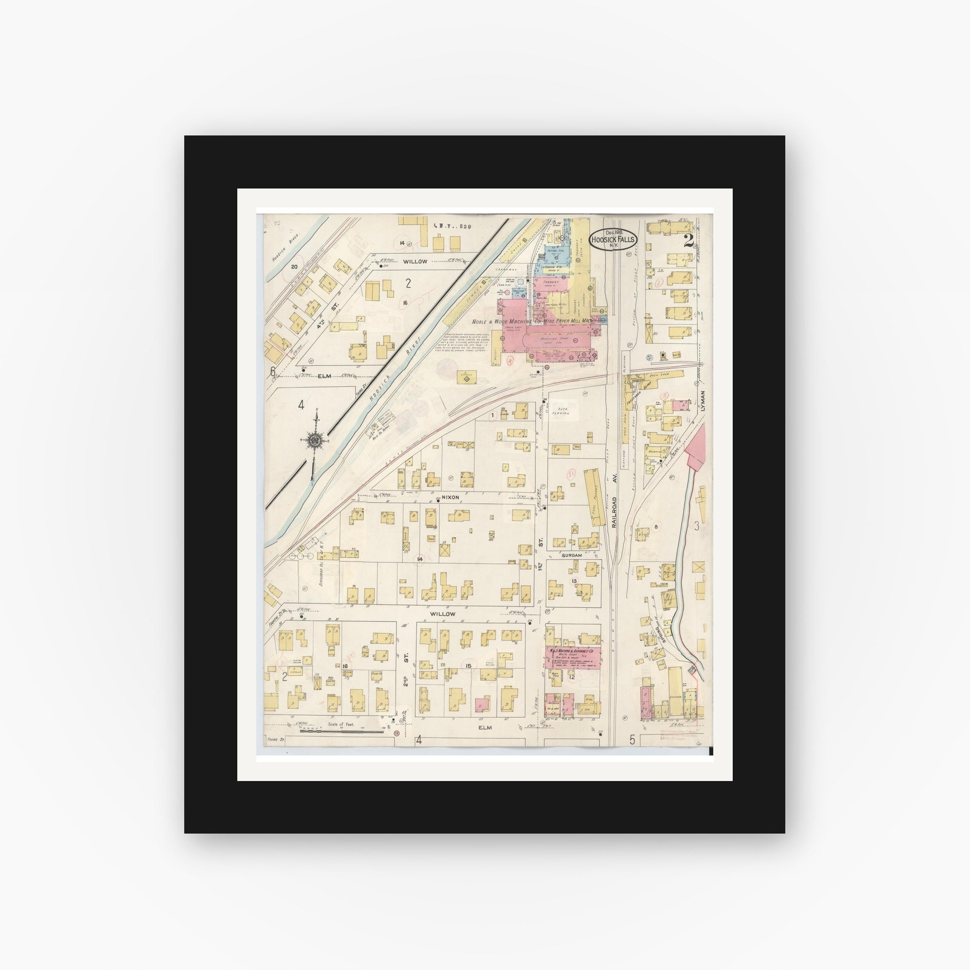 Old map wall art mockup — black gallery frame with white mat — Sanborn Fire Insurance Map from Hoosick Falls, Rensselaer County, New York (1945), Sheet #0002