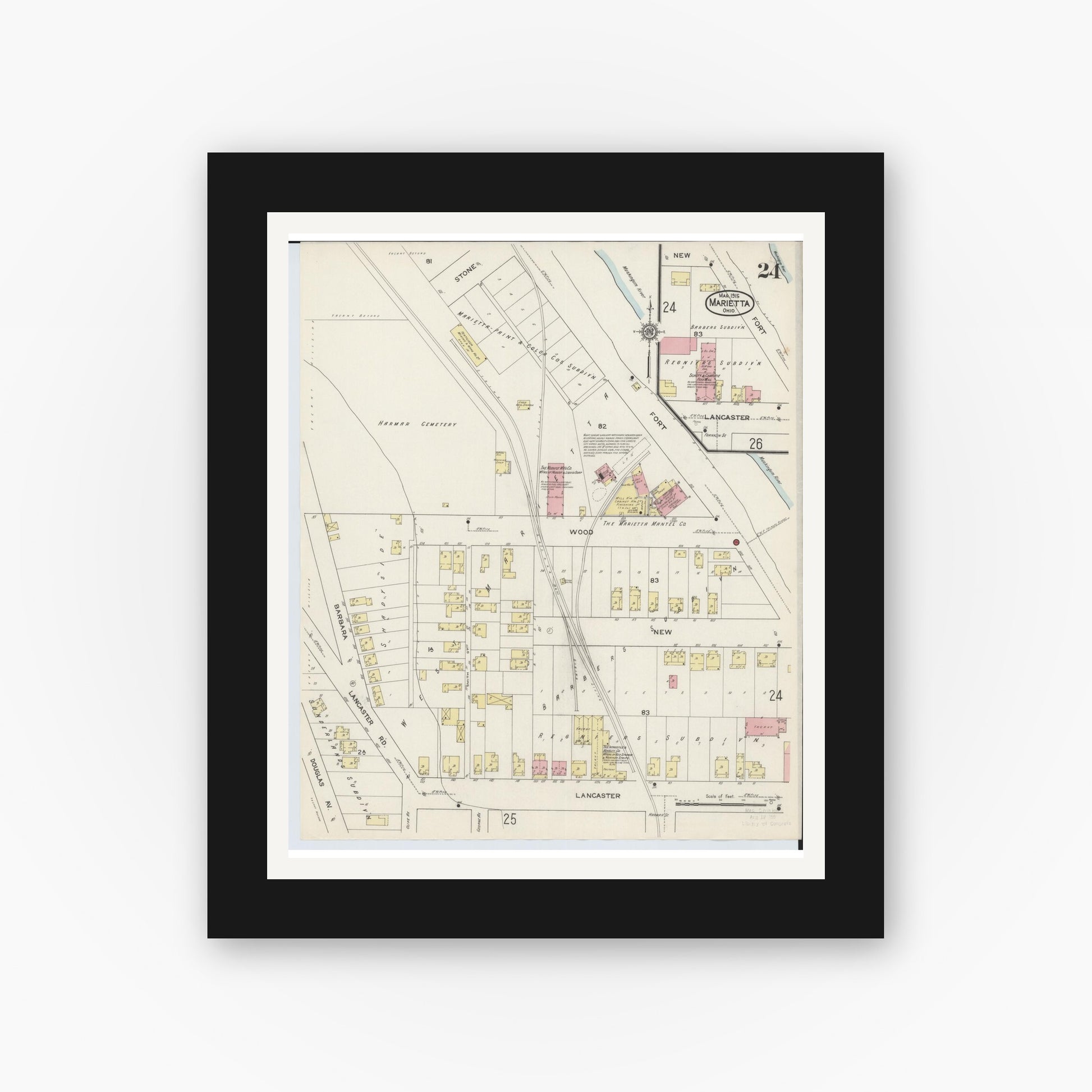 Old map wall art mockup — black gallery frame with white mat — Sanborn Fire Insurance Map from Marietta, Washington County, Ohio (1915), Sheet #0024