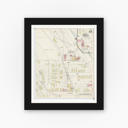 Old map wall art mockup — black gallery frame with white mat — Sanborn Fire Insurance Map from Marietta, Washington County, Ohio (1915), Sheet #0024