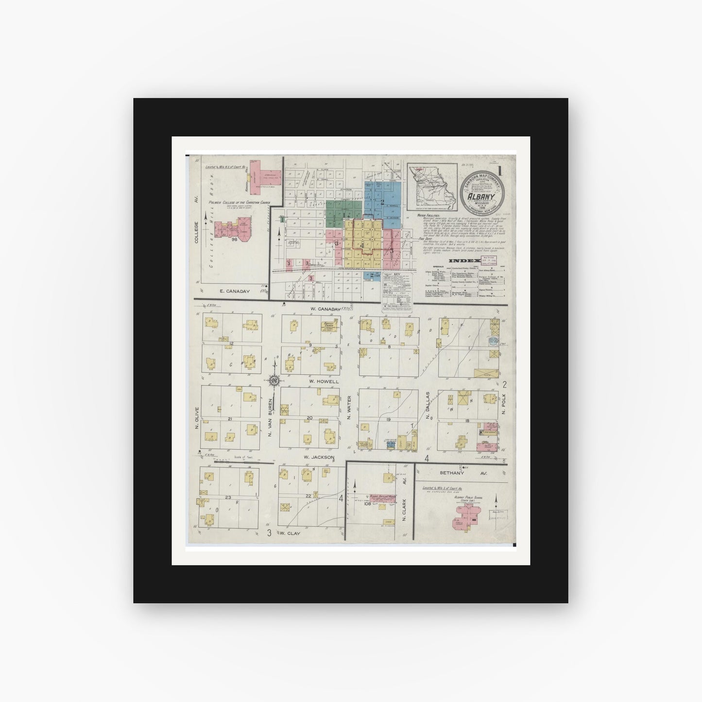 Old map wall art mockup — black gallery frame with white mat — Sanborn Fire Insurance Map from Albany, Gentry County, Missouri (1916) - Complete Map Set
