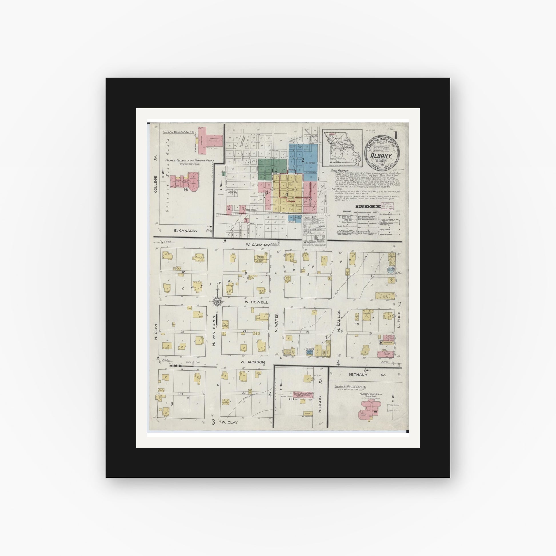 Old map wall art mockup — black gallery frame with white mat — Sanborn Fire Insurance Map from Albany, Gentry County, Missouri (1916) - Complete Map Set