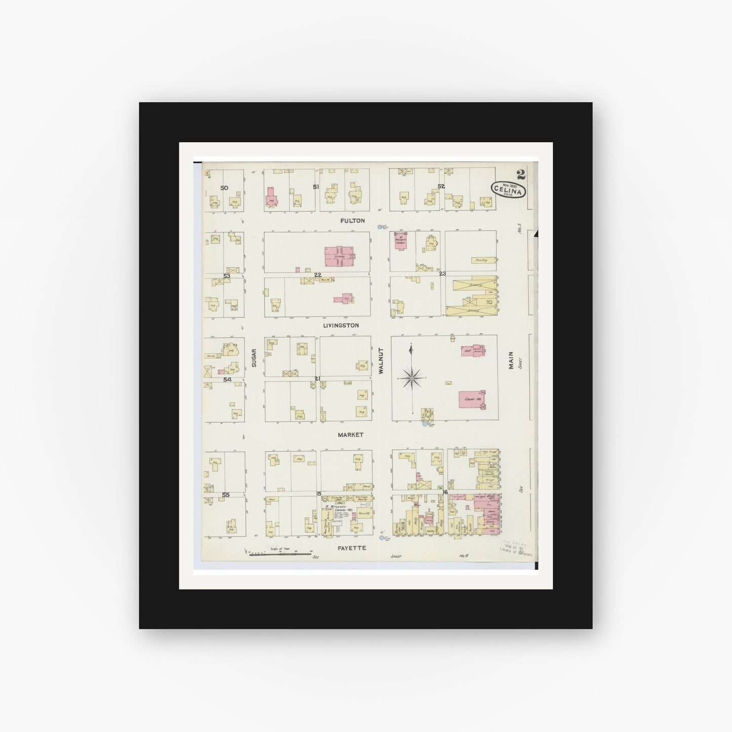 Old map wall art mockup — black gallery frame with white mat — Sanborn Fire Insurance Map from Celina, Mercer County, Ohio (1890), Sheet #0002