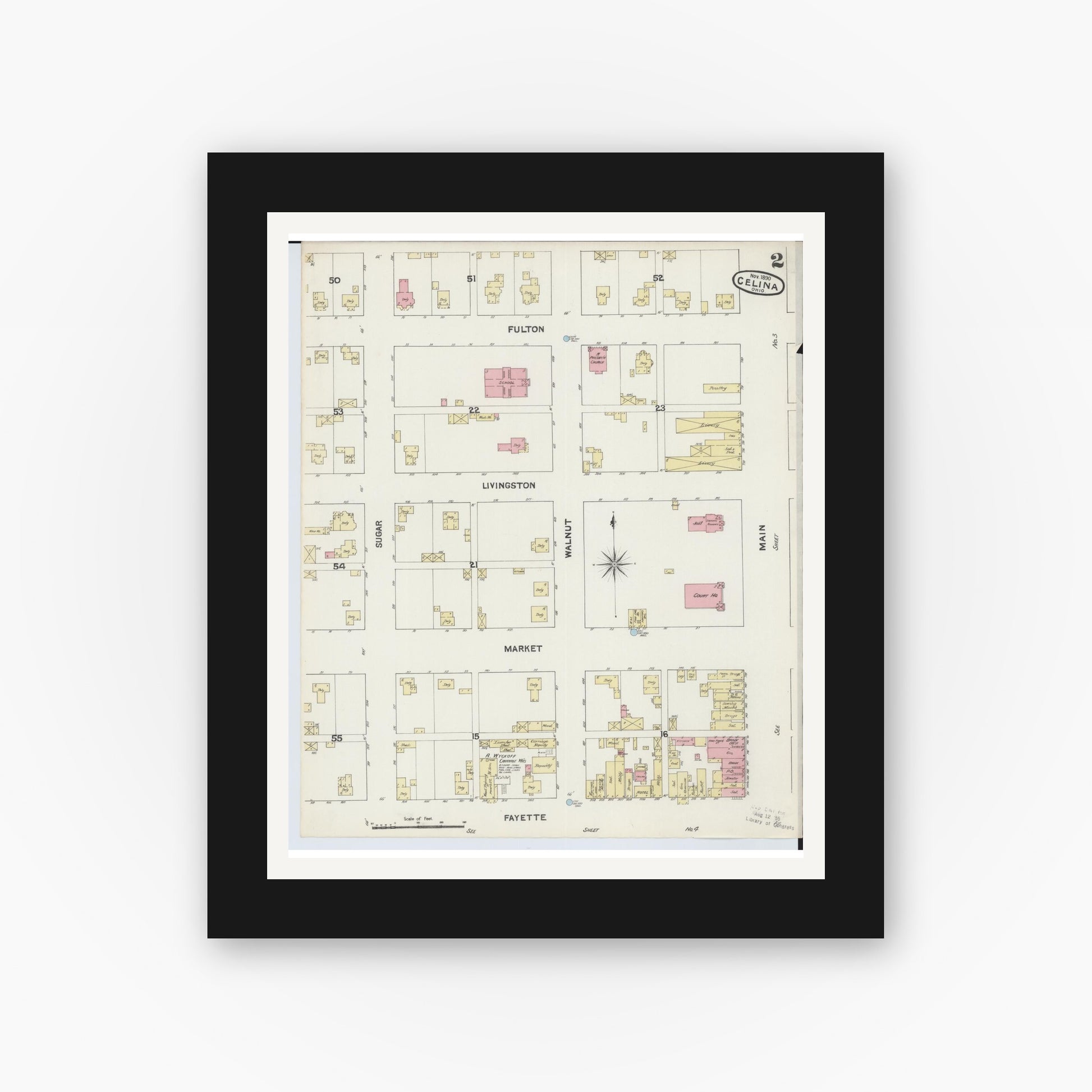 Old map wall art mockup — black gallery frame with white mat — Sanborn Fire Insurance Map from Celina, Mercer County, Ohio (1890), Sheet #0002