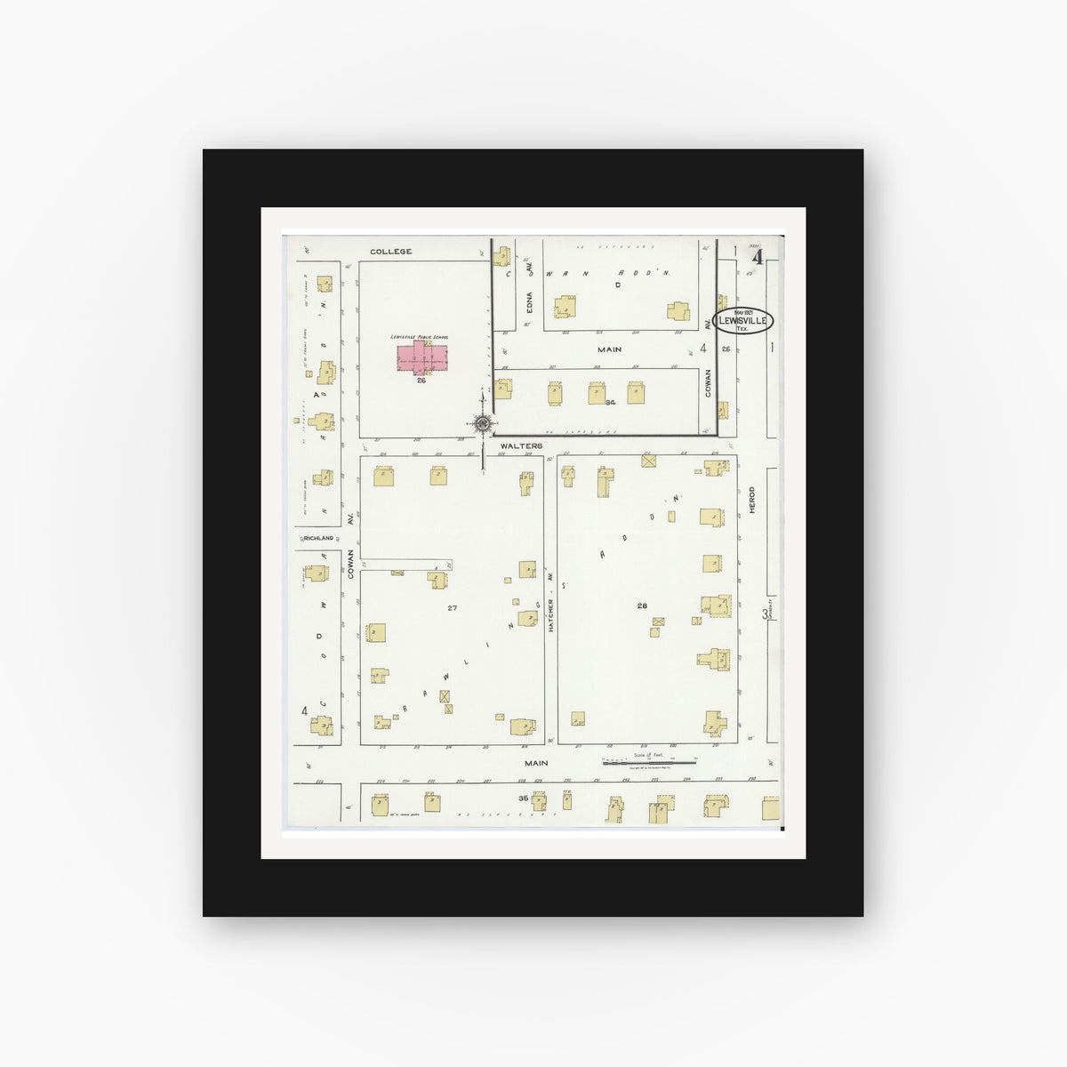 Old map wall art mockup — black gallery frame with white mat — Sanborn Fire Insurance Map from Lewisville, Denton County, Texas (1921), Sheet #0004