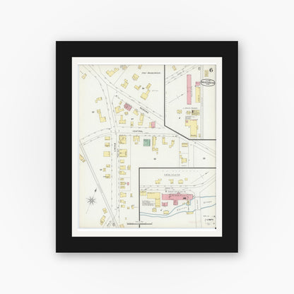 Old map wall art mockup — black gallery frame with white mat — Sanborn Fire Insurance Map from Bridgewater, Plymouth County, Massachusetts (1896), Sheet #0006
