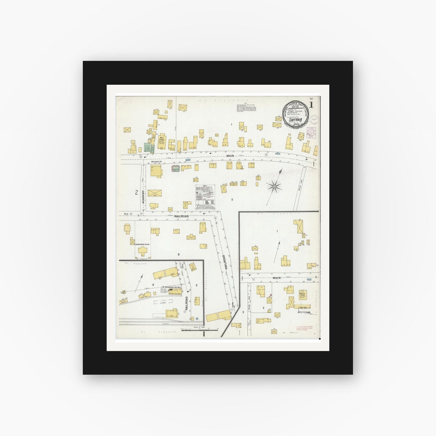 Old map wall art mockup — black gallery frame with white mat — Sanborn Fire Insurance Map from Smyrna, Chenango County, New York (1901) - Complete Map Set