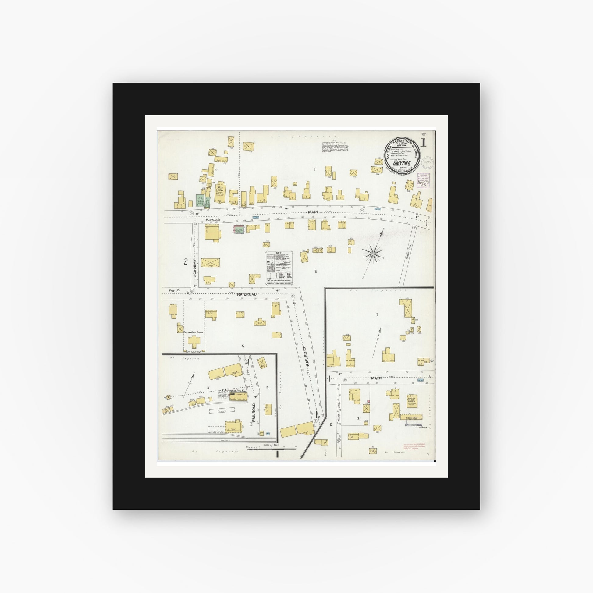 Old map wall art mockup — black gallery frame with white mat — Sanborn Fire Insurance Map from Smyrna, Chenango County, New York (1901) - Complete Map Set