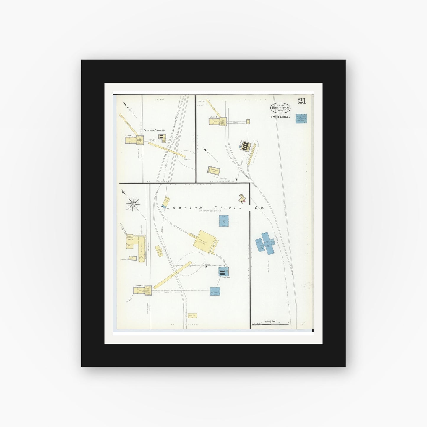 Old map wall art mockup — black gallery frame with white mat — Sanborn Fire Insurance Map from Houghton, Houghton County, Michigan (1908), Sheet #0021