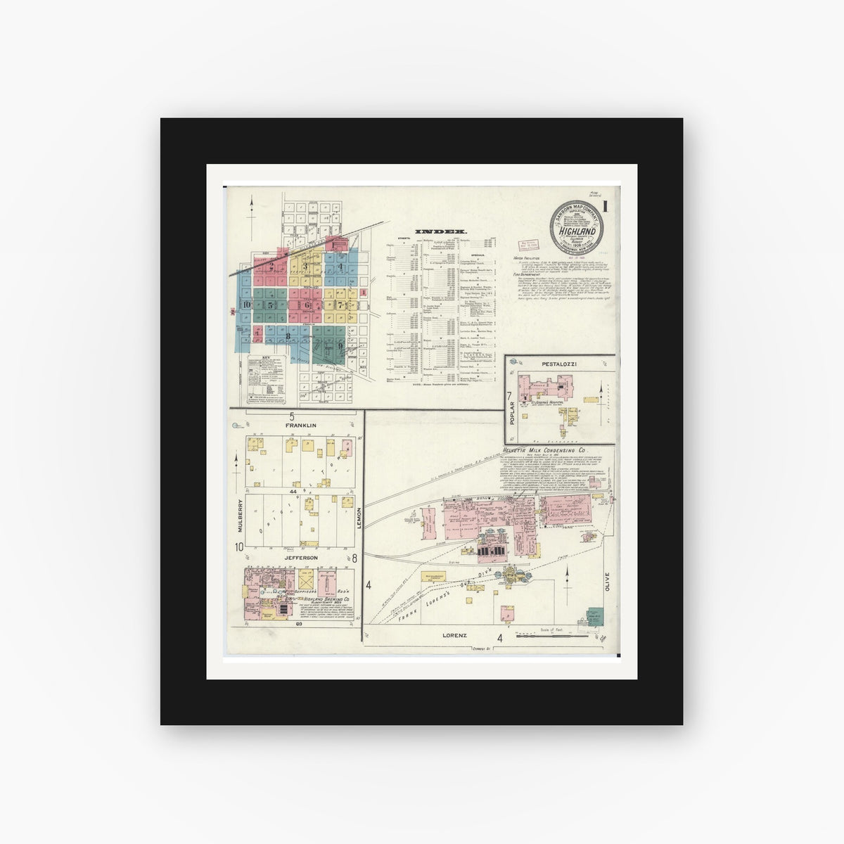Old map wall art mockup — black gallery frame with white mat — Sanborn Fire Insurance Map from Highland, Madison County, Illinois (1908), Sheet #0001