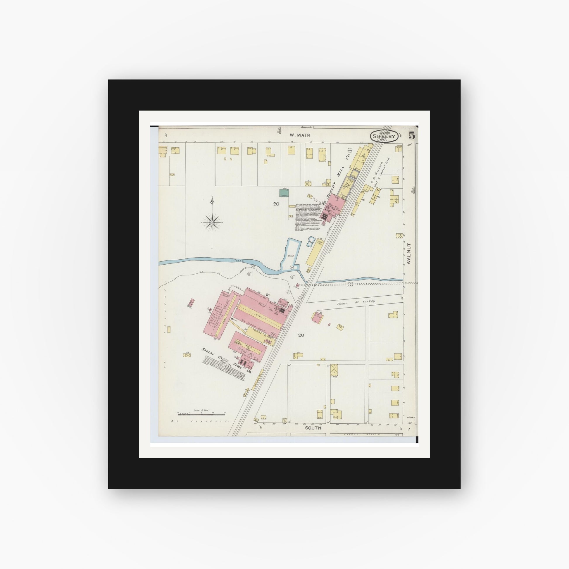 Old map wall art mockup — black gallery frame with white mat — Sanborn Fire Insurance Map from Shelby, Richland County, Ohio (1893), Sheet #0005