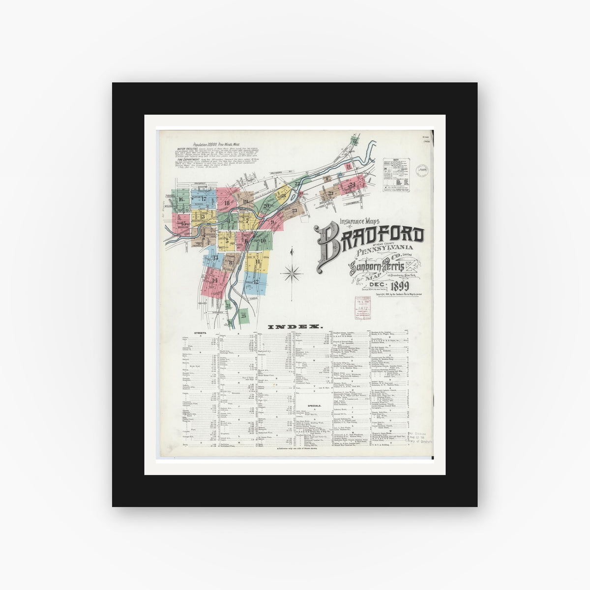 Old map wall art mockup — black gallery frame with white mat — Sanborn Fire Insurance Map from Bradford, McKean County, Pennsylvania (1899), Sheet #0001