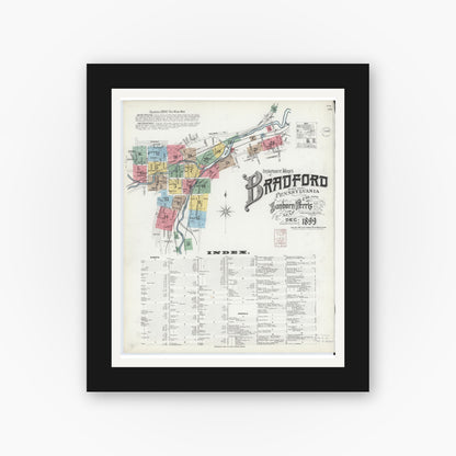 Old map wall art mockup — black gallery frame with white mat — Sanborn Fire Insurance Map from Bradford, McKean County, Pennsylvania (1899), Sheet #0001