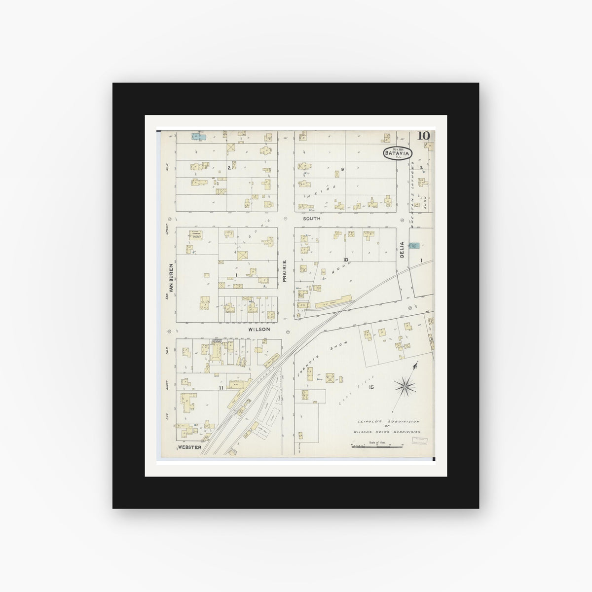 Old map wall art mockup — black gallery frame with white mat — Sanborn Fire Insurance Map from Batavia, Kane County, Illinois (1891), Sheet #0010