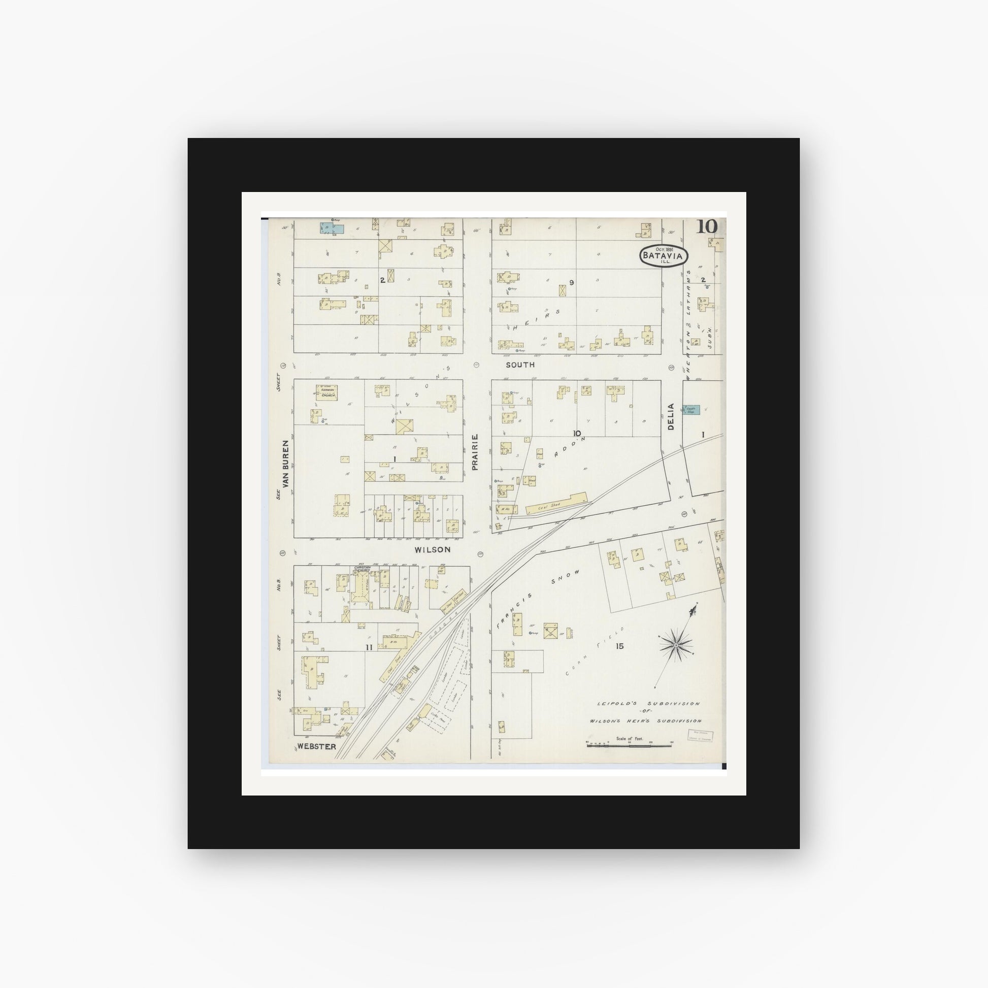 Old map wall art mockup — black gallery frame with white mat — Sanborn Fire Insurance Map from Batavia, Kane County, Illinois (1891), Sheet #0010