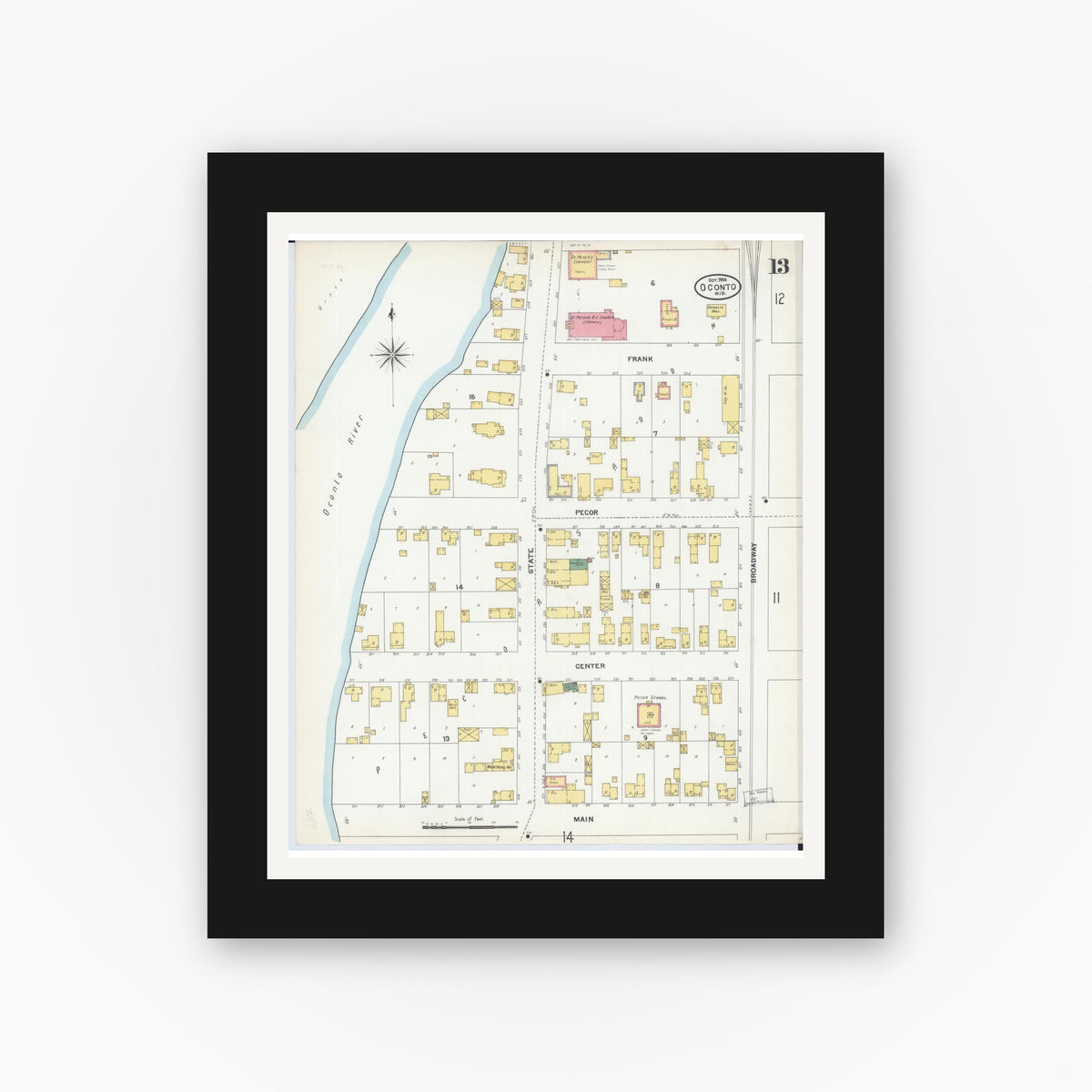 Old map wall art mockup — black gallery frame with white mat — Sanborn Fire Insurance Map from Oconto, Oconto County, Wisconsin (1904), Sheet #0013