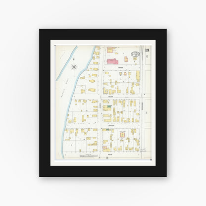 Old map wall art mockup — black gallery frame with white mat — Sanborn Fire Insurance Map from Oconto, Oconto County, Wisconsin (1904), Sheet #0013