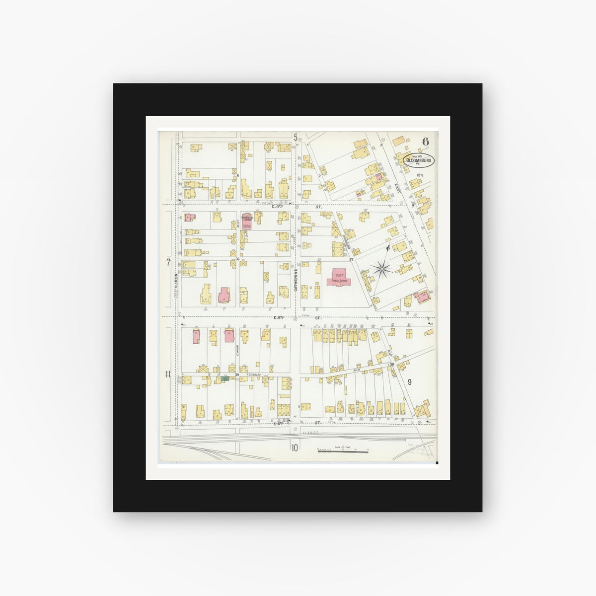 Old map wall art mockup — black gallery frame with white mat — Sanborn Fire Insurance Map from Bloomsburg, Columbia County, Pennsylvania (1901), Sheet #0006