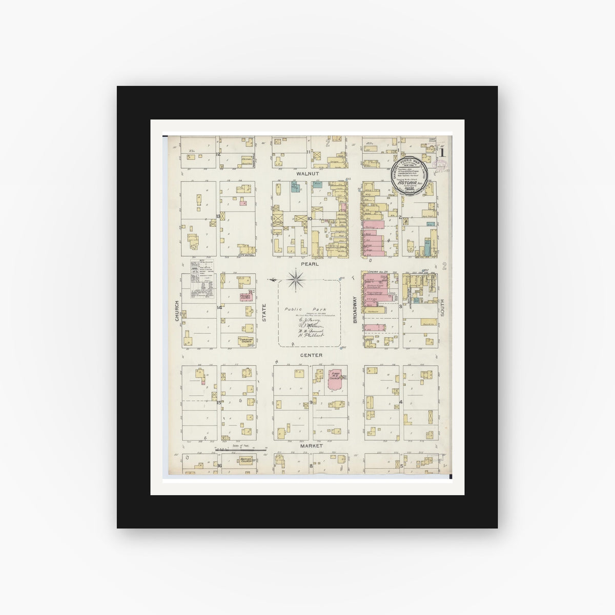 Old map wall art mockup — black gallery frame with white mat — Sanborn Fire Insurance Map from Astoria, Fulton County, Illinois (1893) - Complete Map Set