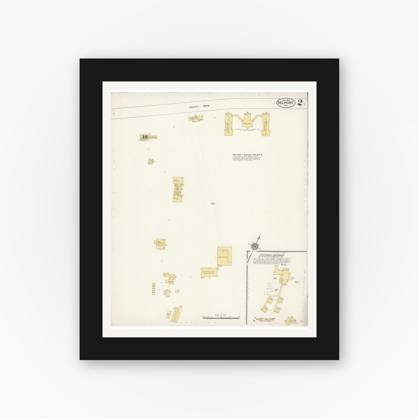 Old map wall art mockup — black gallery frame with white mat — Sanborn Fire Insurance Map from Belmont, San Mateo County, California (1913), Sheet #0002