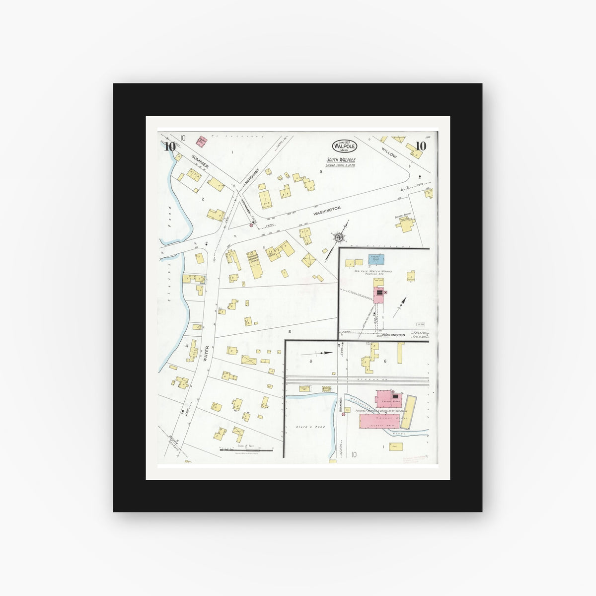 Old map wall art mockup — black gallery frame with white mat — Sanborn Fire Insurance Map from Walpole, Norfolk County, Massachusetts (1927), Sheet #0010