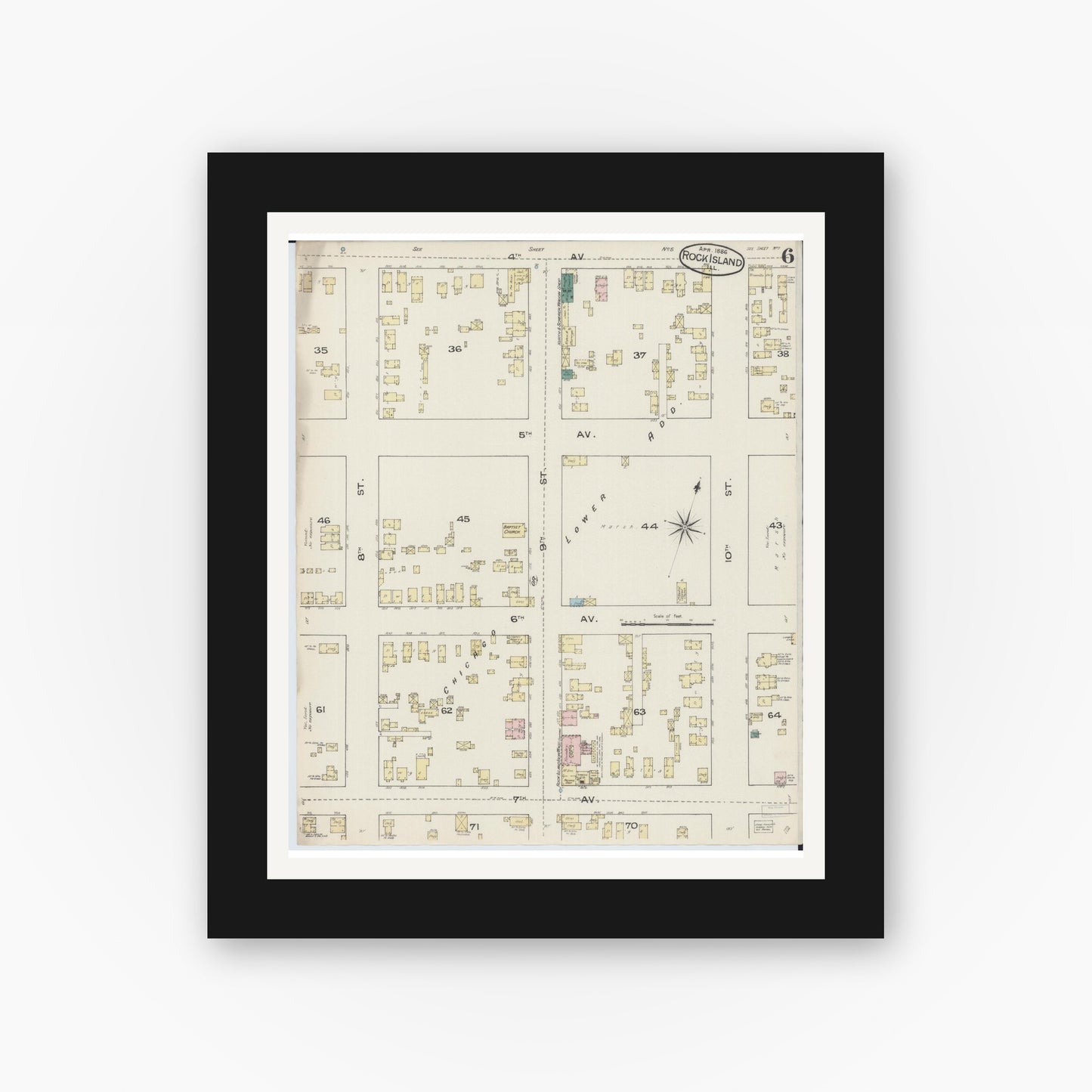 Old map wall art mockup — black gallery frame with white mat — Sanborn Fire Insurance Map from Rock Island, Rock Island County, Illinois (1886), Sheet #0006