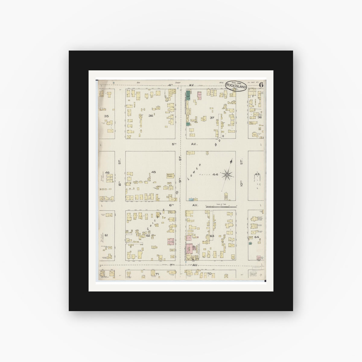 Old map wall art mockup — black gallery frame with white mat — Sanborn Fire Insurance Map from Rock Island, Rock Island County, Illinois (1886), Sheet #0006