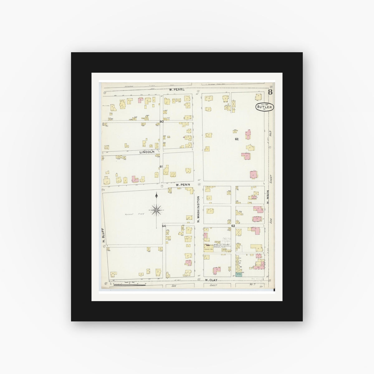 Old map wall art mockup — black gallery frame with white mat — Sanborn Fire Insurance Map from Butler, Butler County, Pennsylvania (1891), Sheet #0008