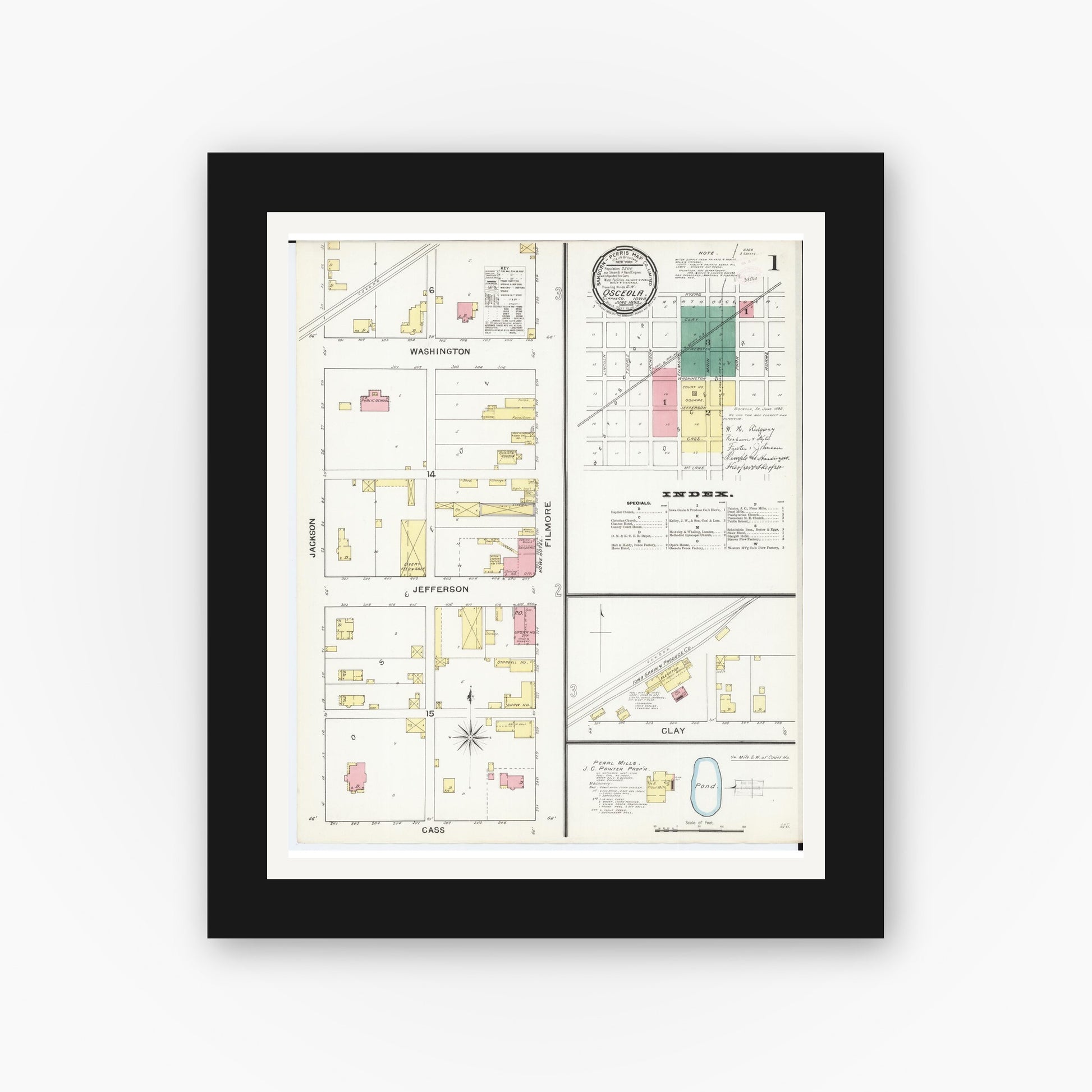 Old map wall art mockup — black gallery frame with white mat — Sanborn Fire Insurance Map from Osceola, Clarke County, Iowa (1893) â€” Complete Set