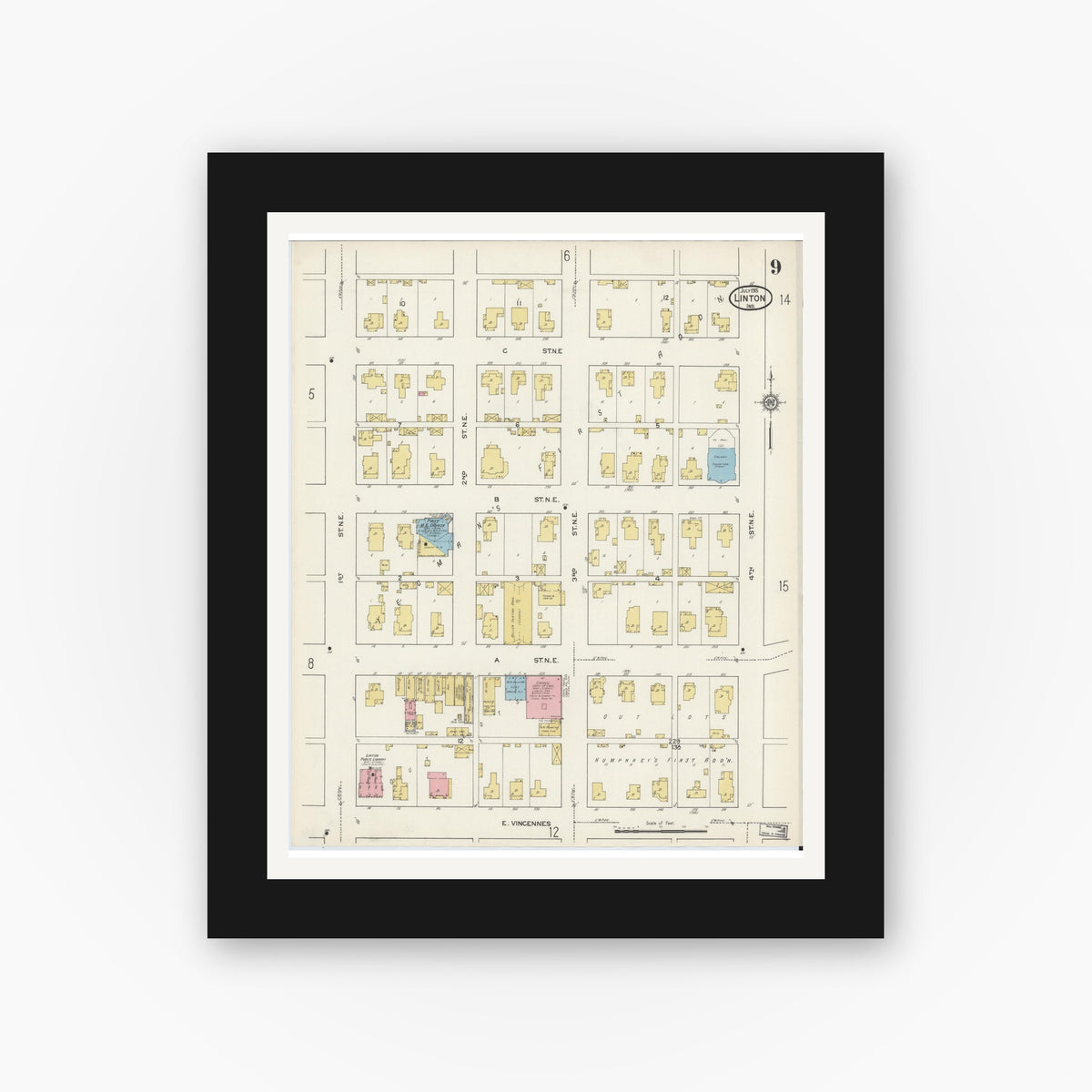 Old map wall art mockup — black gallery frame with white mat — Sanborn Fire Insurance Map from Linton, Greene County, Indiana (1915), Sheet #0009