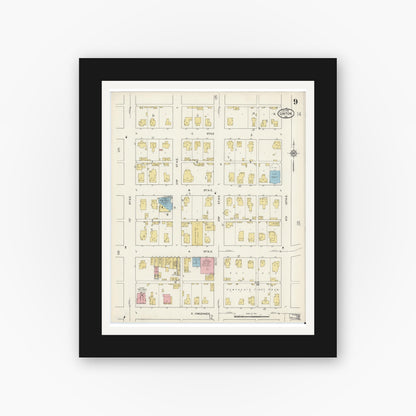 Old map wall art mockup — black gallery frame with white mat — Sanborn Fire Insurance Map from Linton, Greene County, Indiana (1915), Sheet #0009