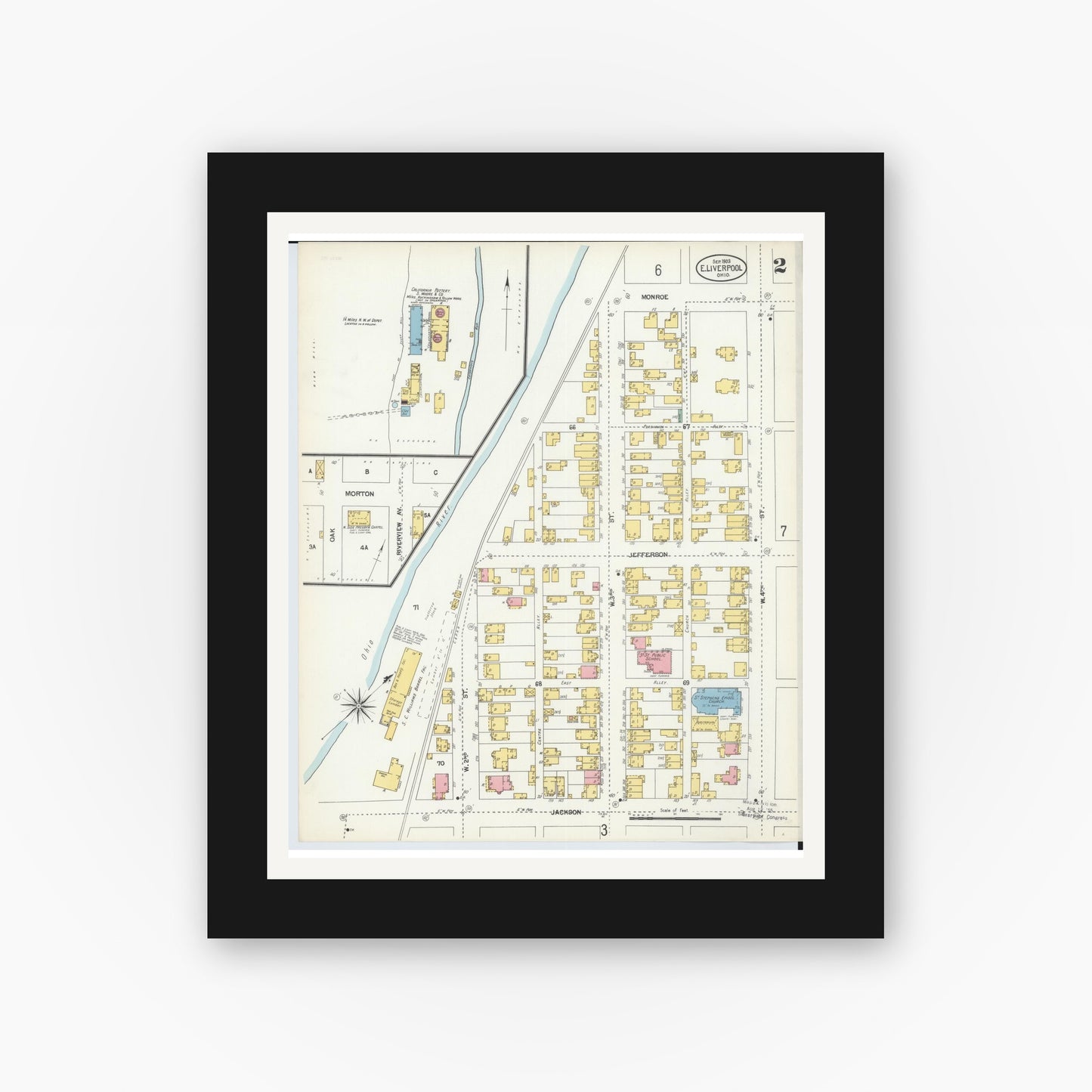 Old map wall art mockup — black gallery frame with white mat — Sanborn Fire Insurance Map from East Liverpool, Columbiana County, Ohio (1903), Sheet #0002